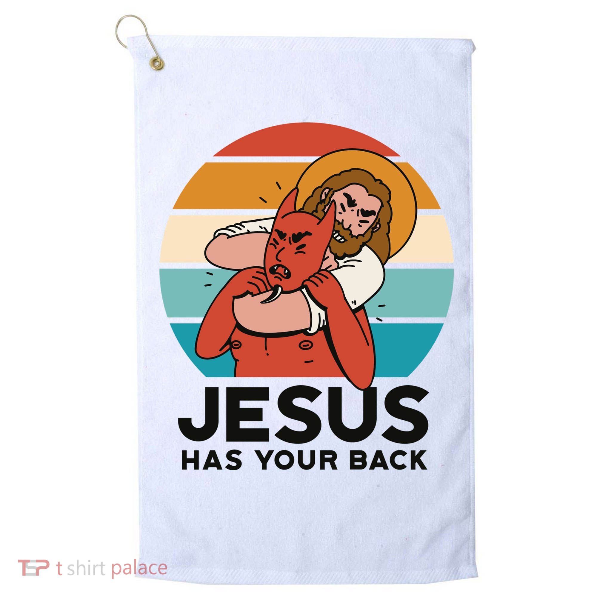 Jesus Has Your Back Fighting Devil Retro Sunset Golf Towel