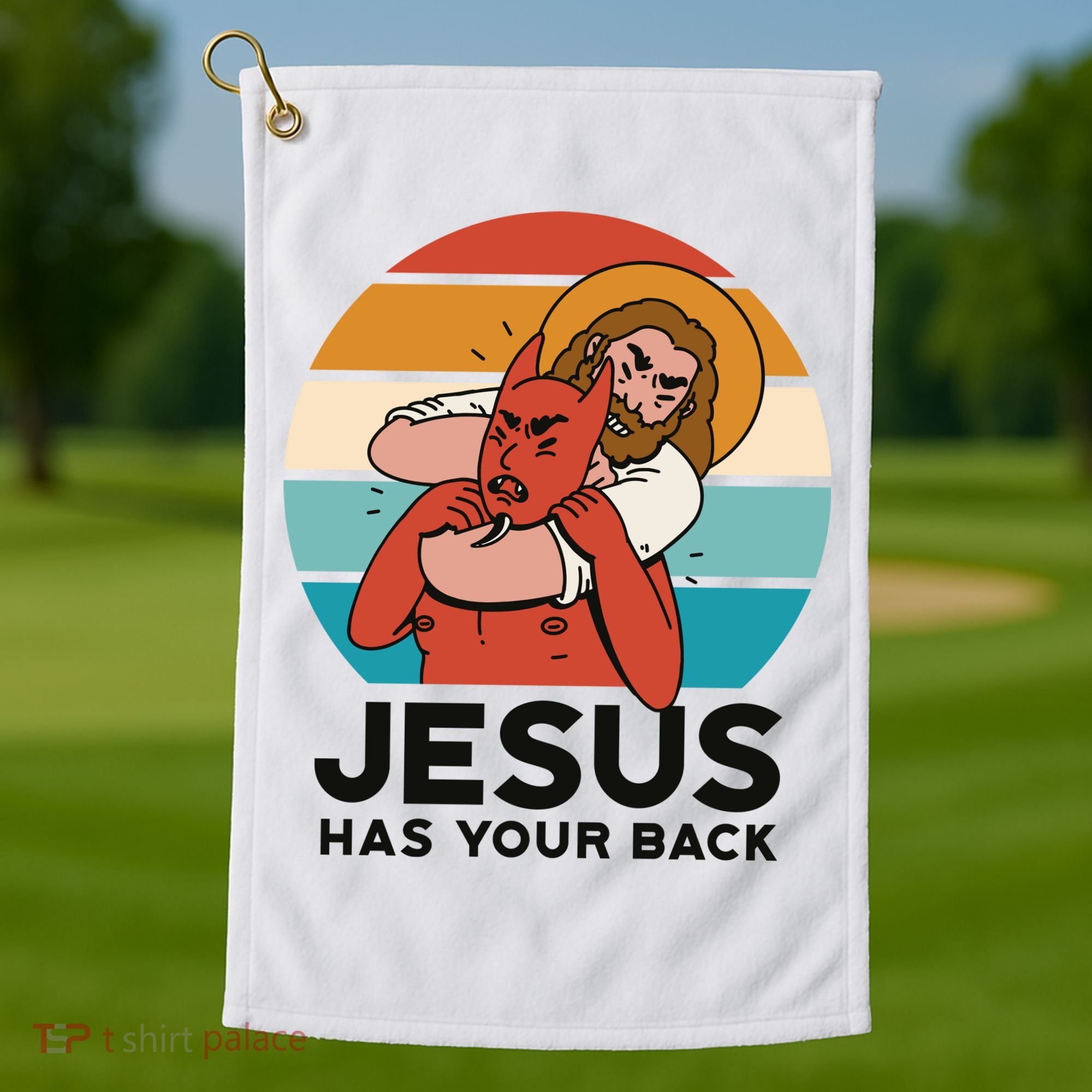 Jesus Has Your Back Fighting Devil Retro Sunset Golf Towel