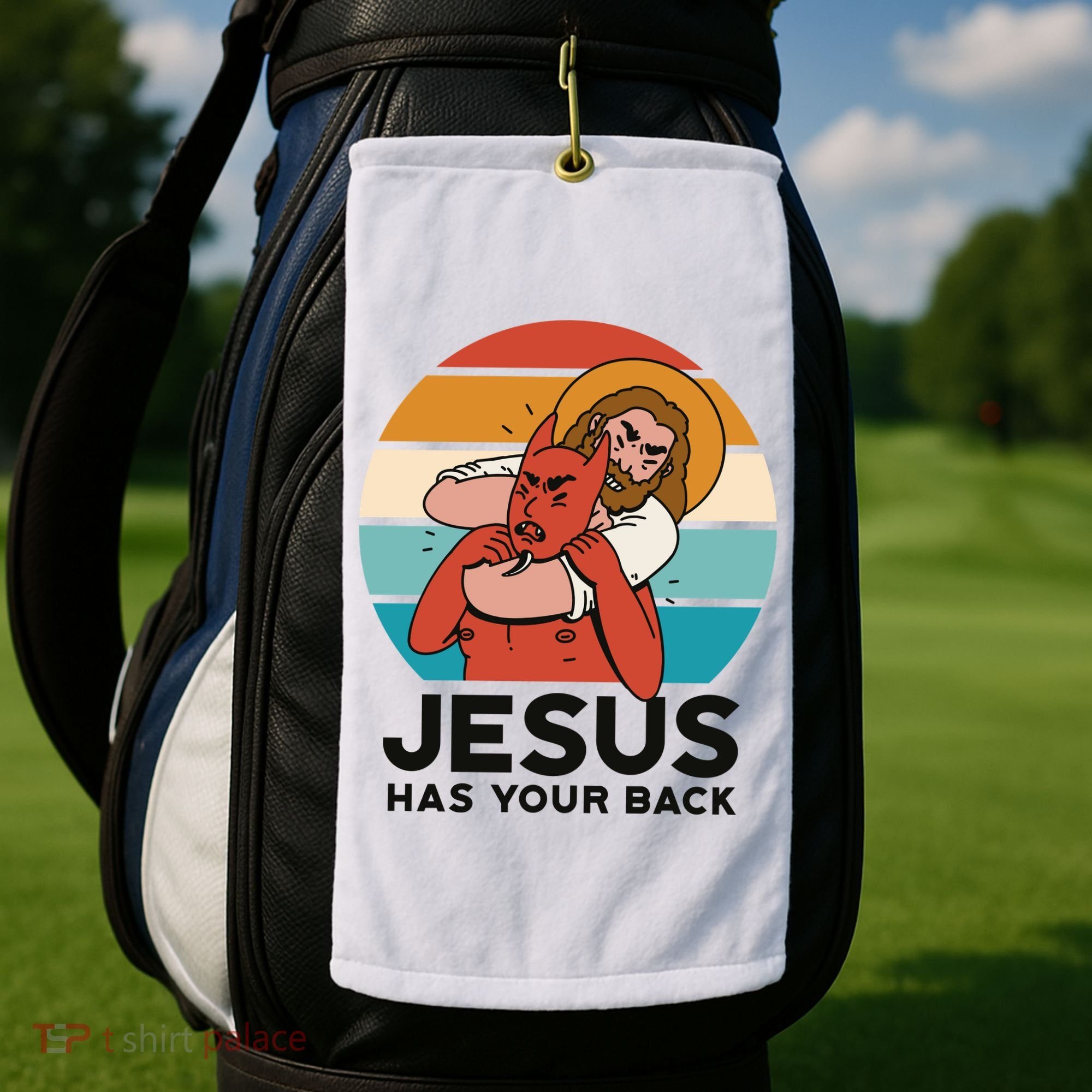 Jesus Has Your Back Fighting Devil Retro Sunset Golf Towel