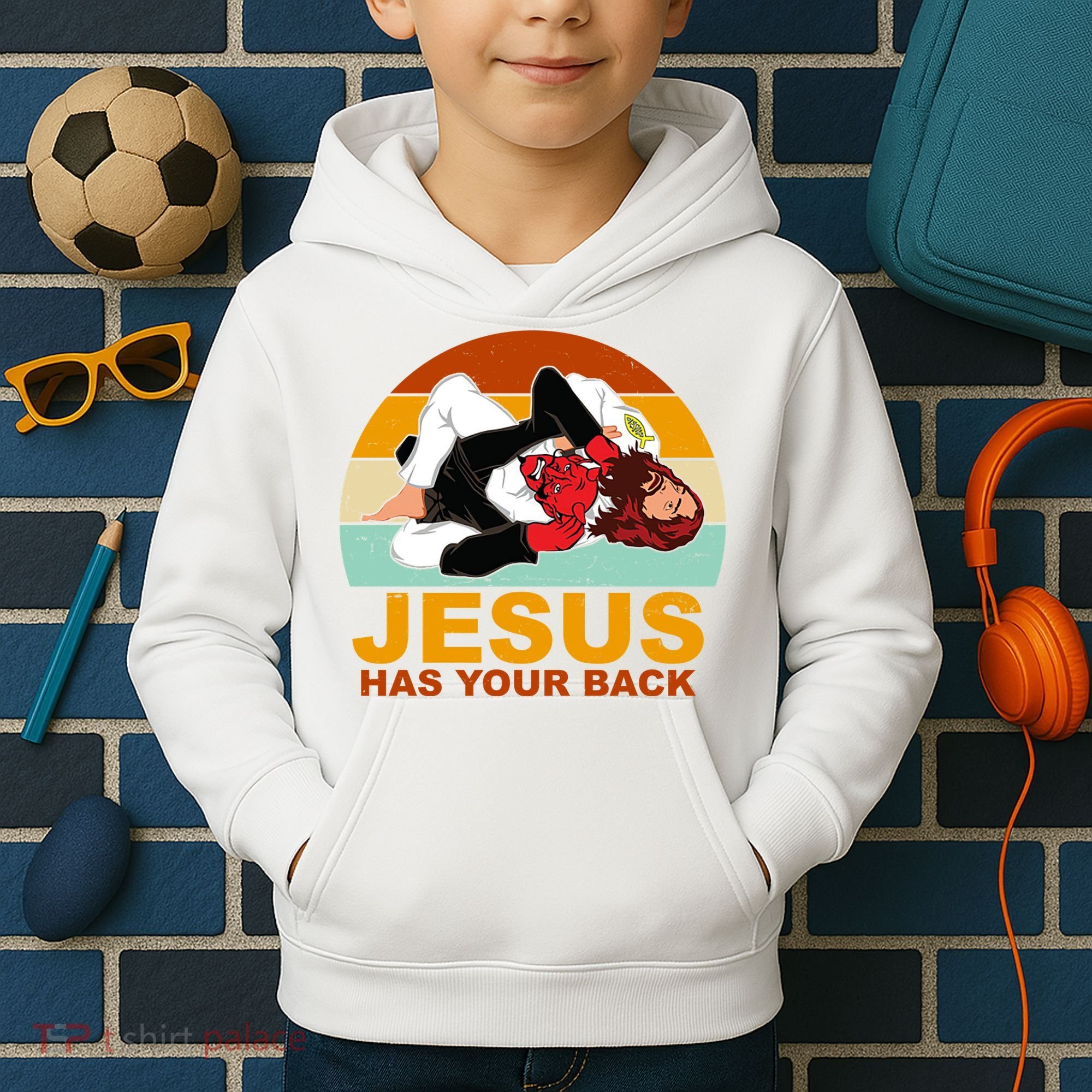 Jesus Has Your Back Fighting Devil Kids Hoodie