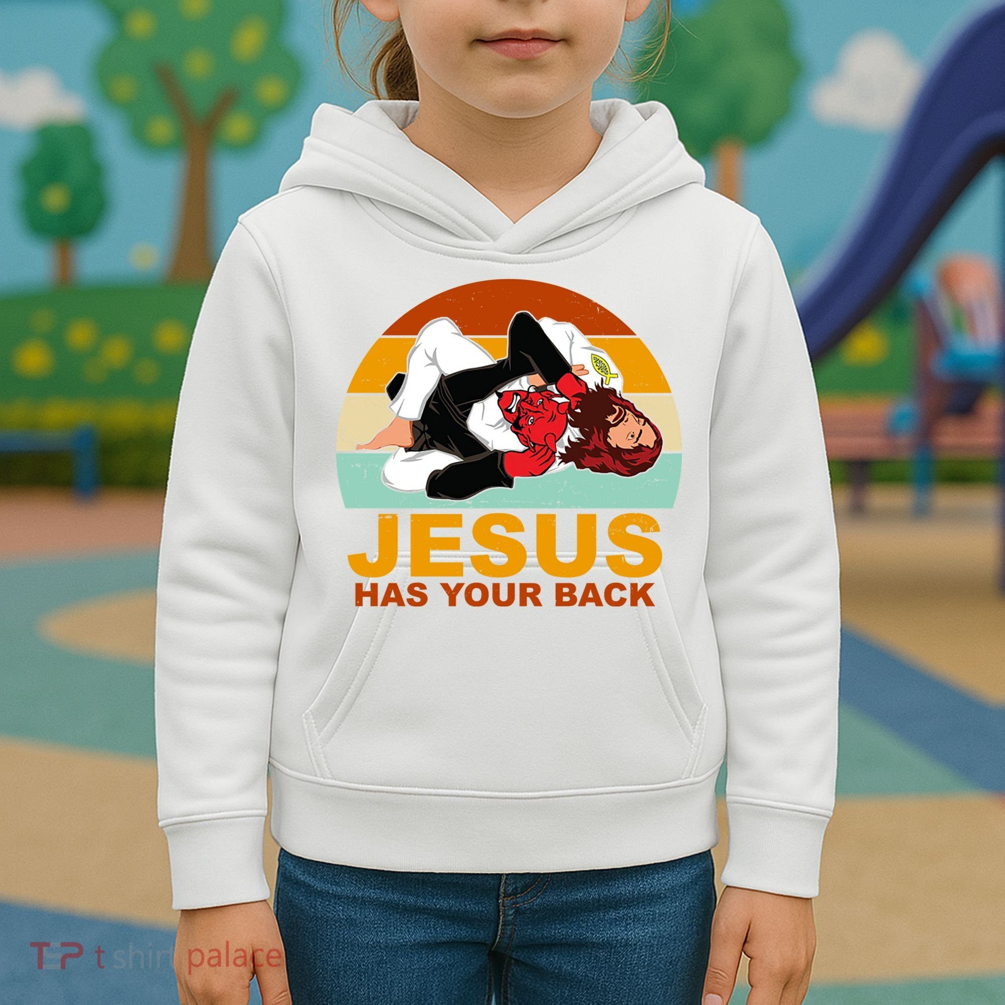 Jesus Has Your Back Fighting Devil Kids Hoodie