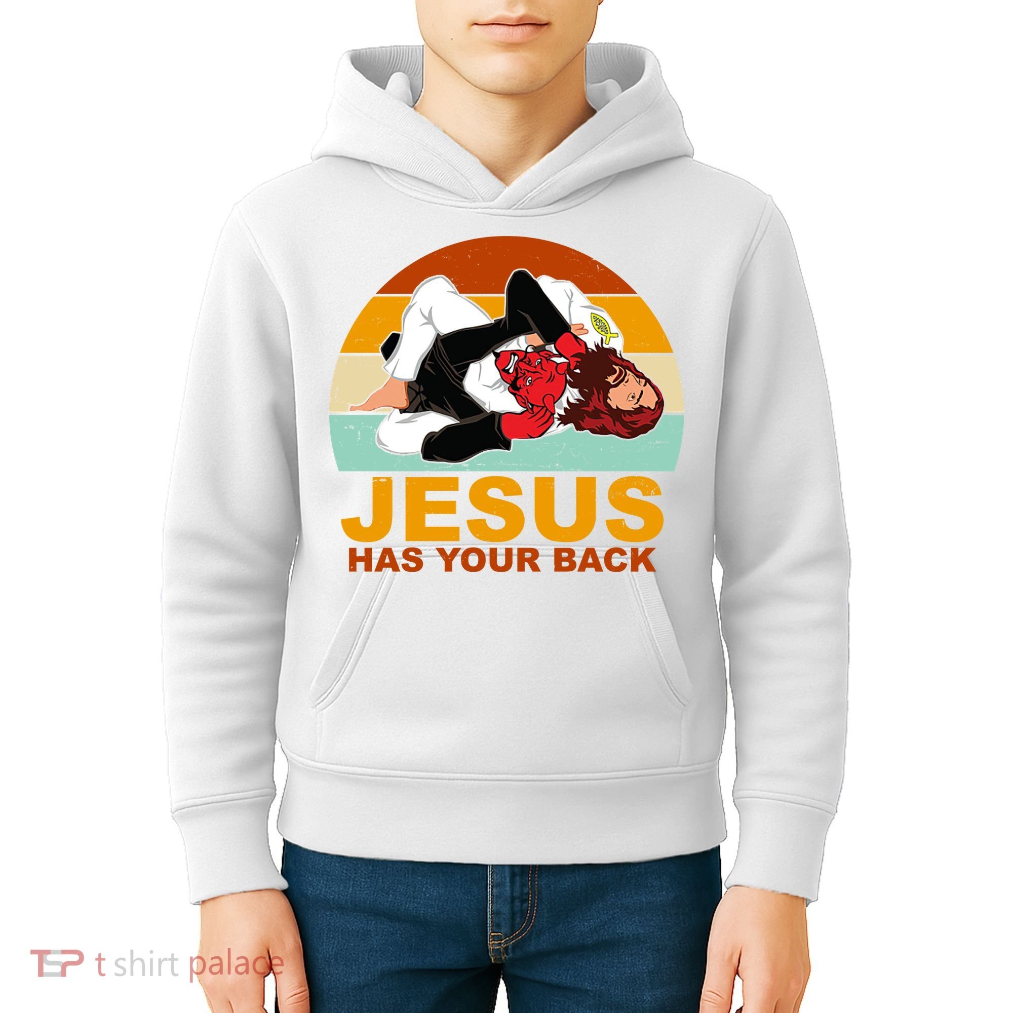 Jesus Has Your Back Fighting Devil Kids Hoodie