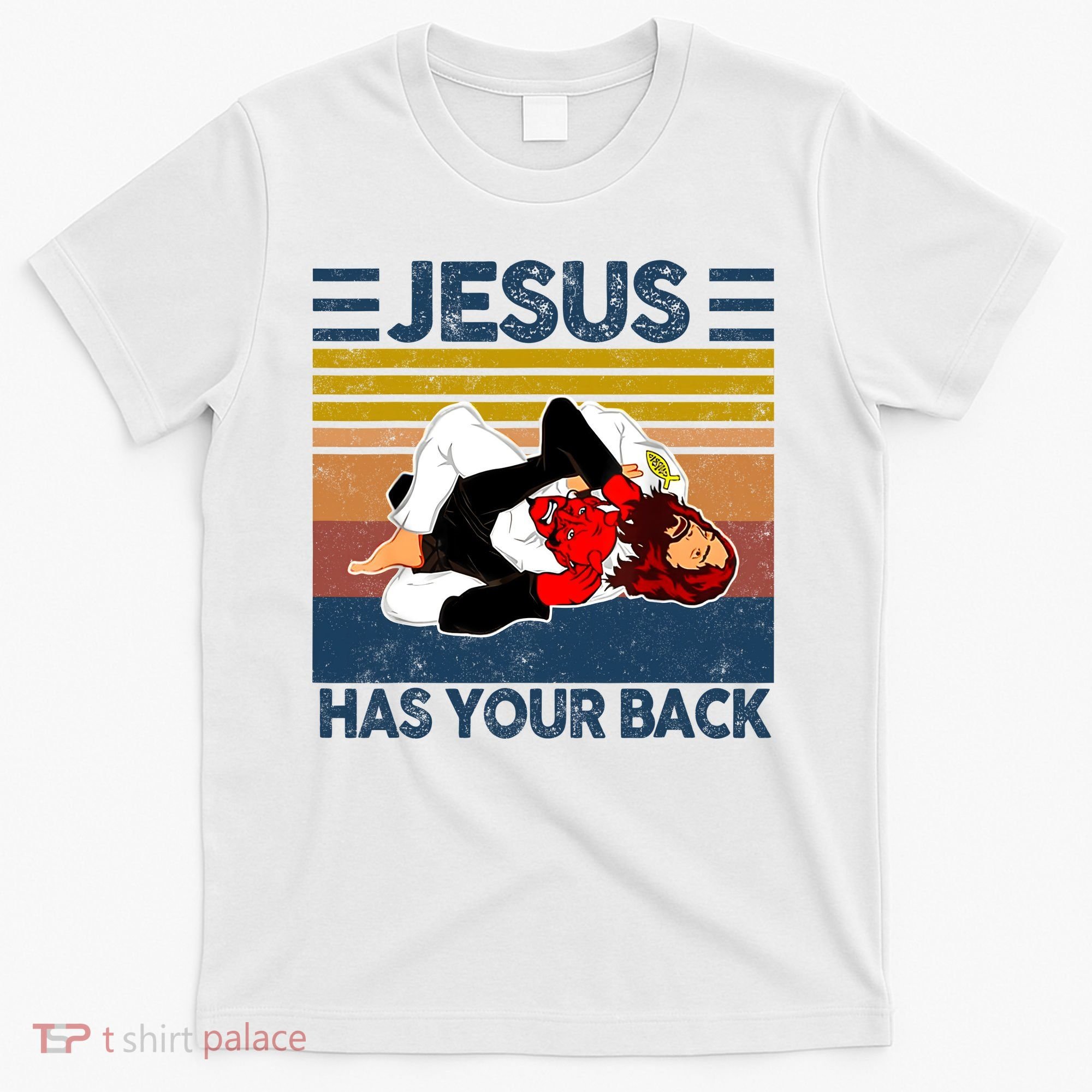 Jesus Has Your Back Vintage JIU JITSU Funny Satan Finished T-Shirt