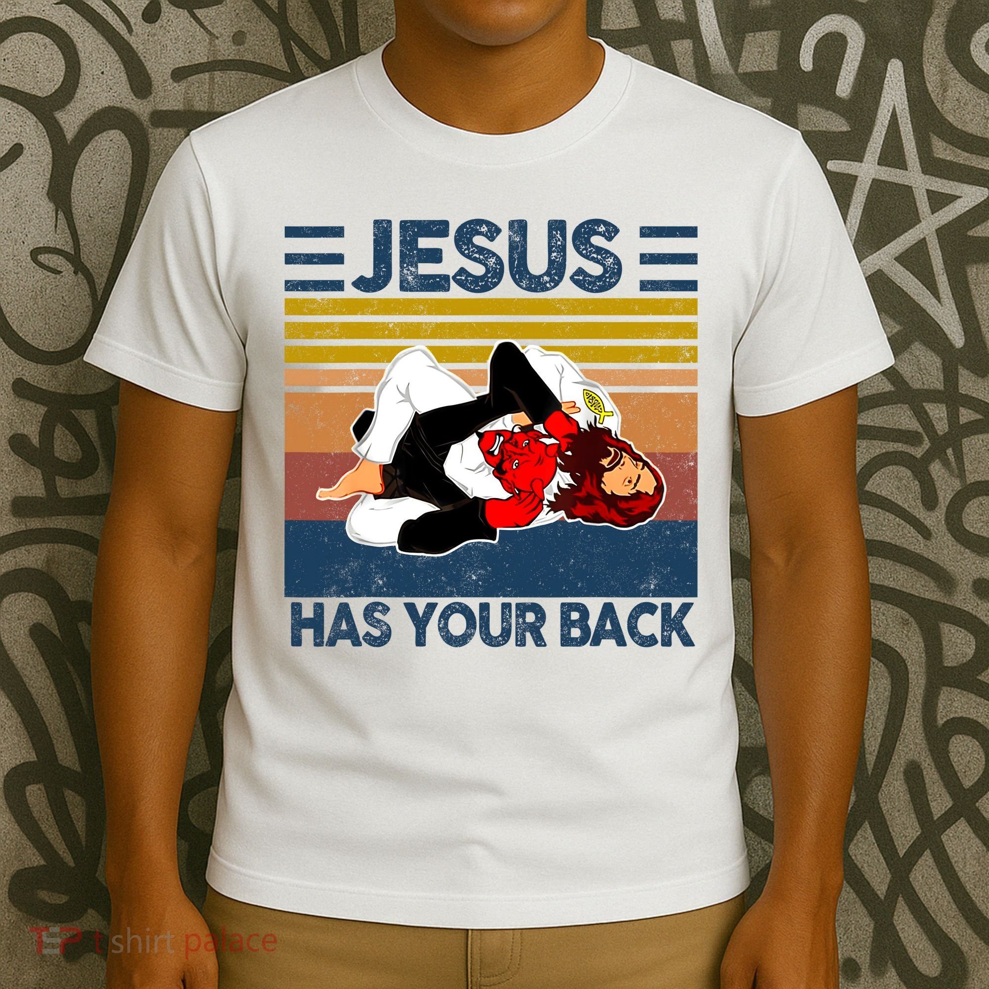 Jesus Has Your Back Vintage JIU JITSU Funny Satan Finished T-Shirt