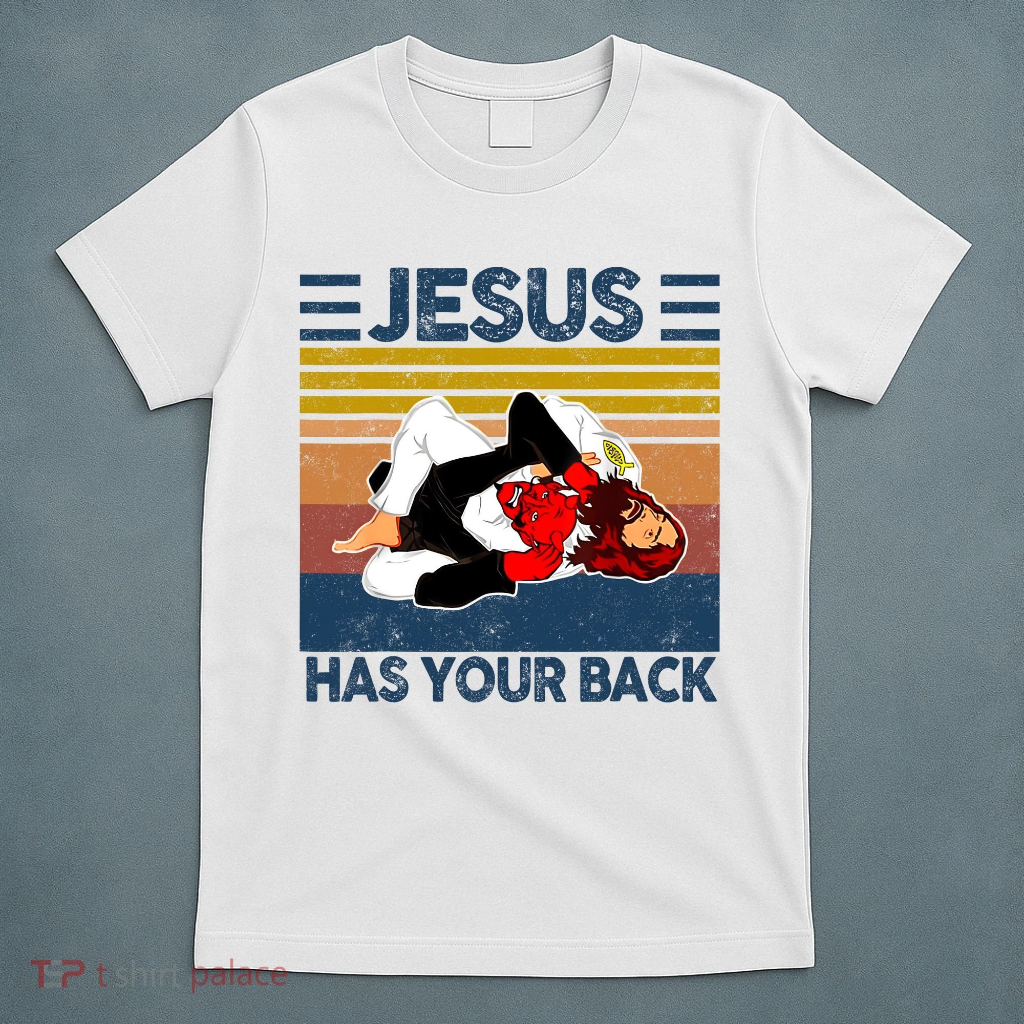 Jesus Has Your Back Vintage JIU JITSU Funny Satan Finished T-Shirt