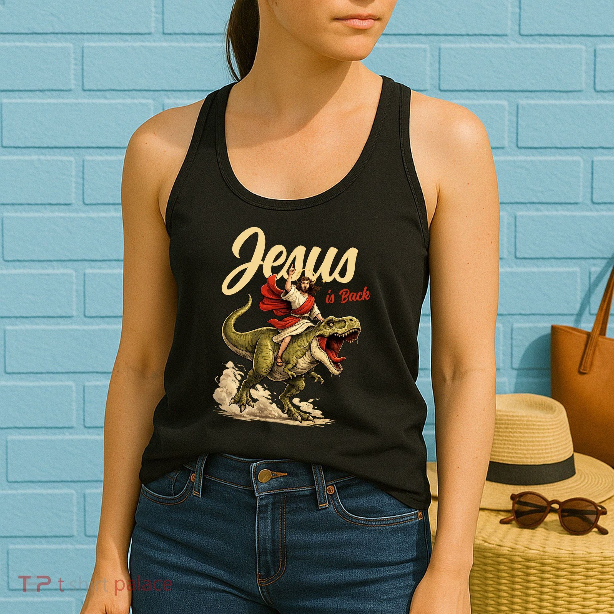 Jesus Is Back Sarcasm Funny Dinosaur Women's Tank Top
