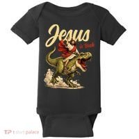 Jesus Is Back Sarcasm Funny Dinosaur Baby Bodysuit thumb 0