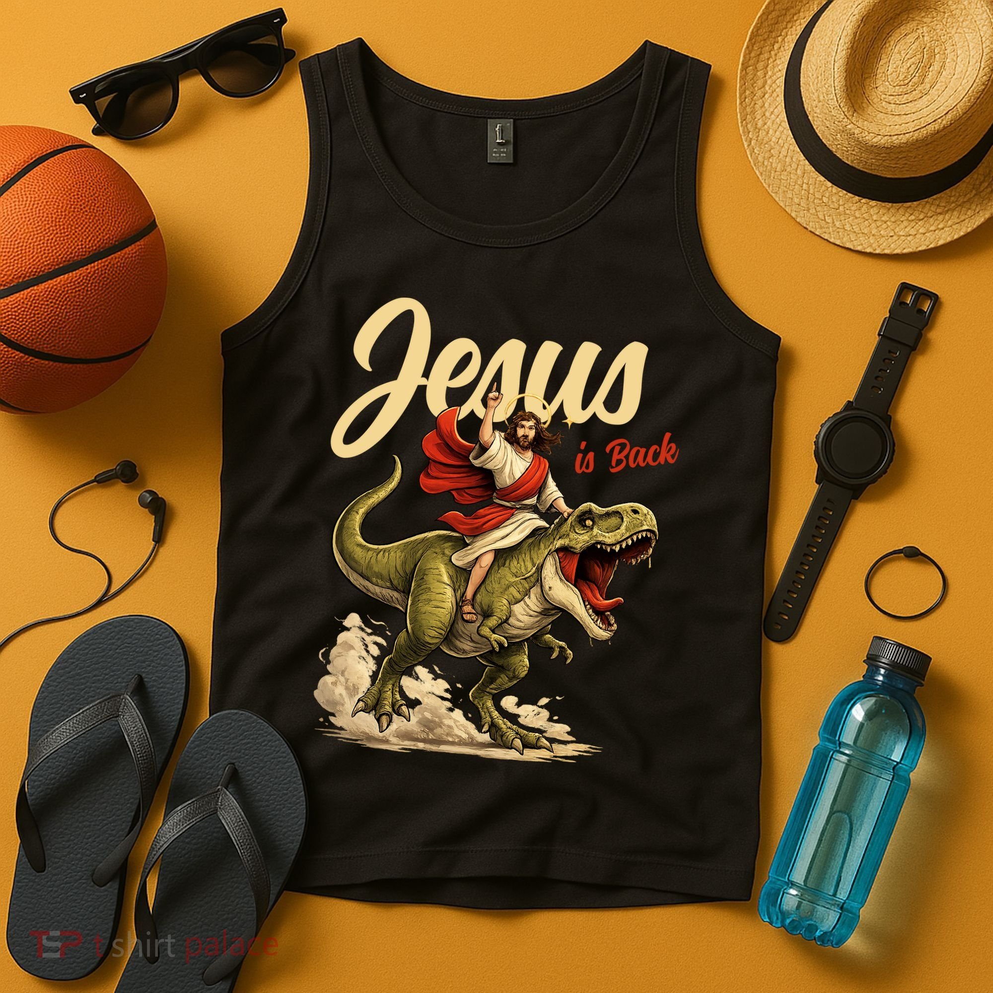 Jesus Is Back Sarcasm Funny Dinosaur Tank Top