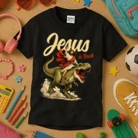 Jesus Is Back Sarcasm Funny Dinosaur Kids T-Shirt thumb 3