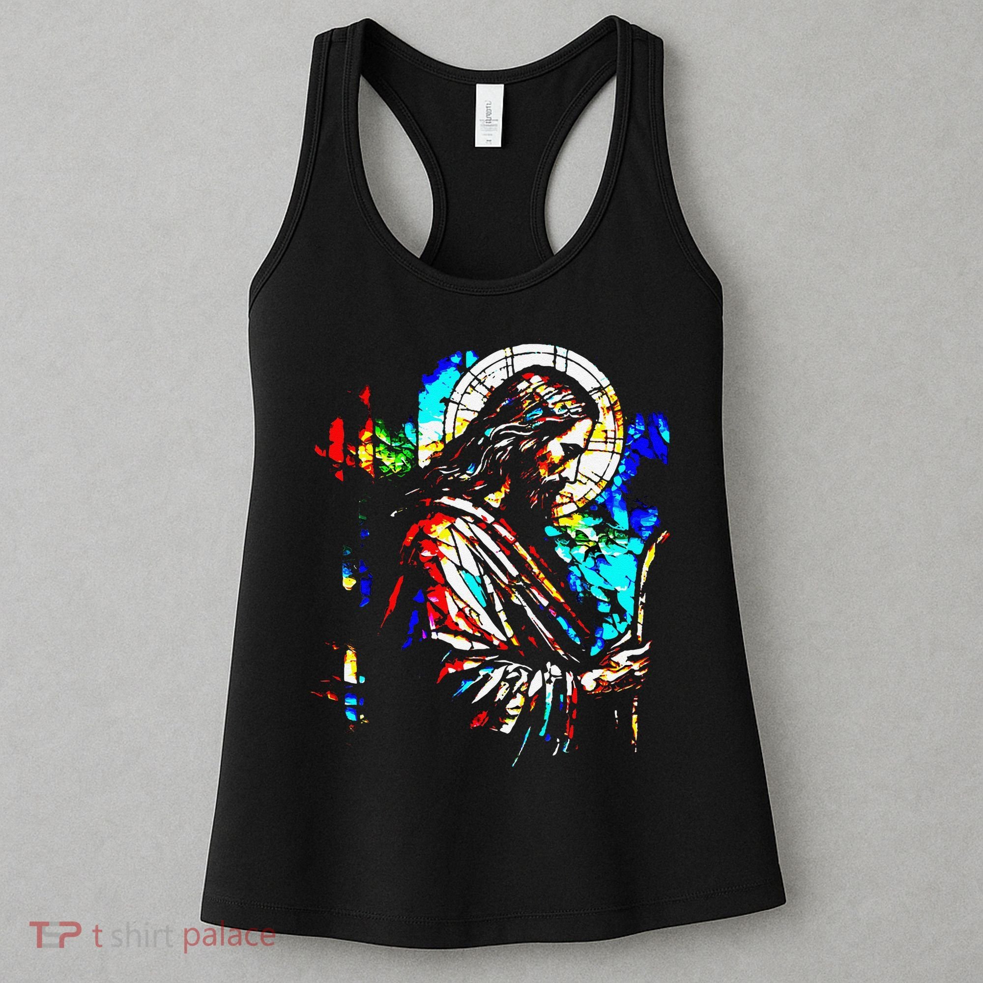 Jesus is King Stained Glass Art Portrait Silhouette Rev 1 8 Women's Tank Top