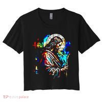 Jesus is King Stained Glass Art Portrait Silhouette Rev 1 8 Women's Crop Top Tee thumb 0