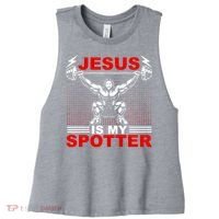 Jesus Is My Spotter Funny Christian Weightlifting Gym Women's Racerback Cropped Tank thumb 0