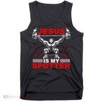 Jesus Is My Spotter Funny Christian Weightlifting Gym Tank Top thumb 0