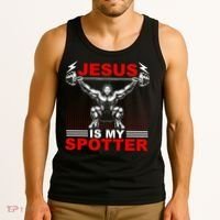 Jesus Is My Spotter Funny Christian Weightlifting Gym Tank Top thumb 3