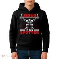 Jesus Is My Spotter Funny Christian Weightlifting Gym Kids Hoodie thumb 4