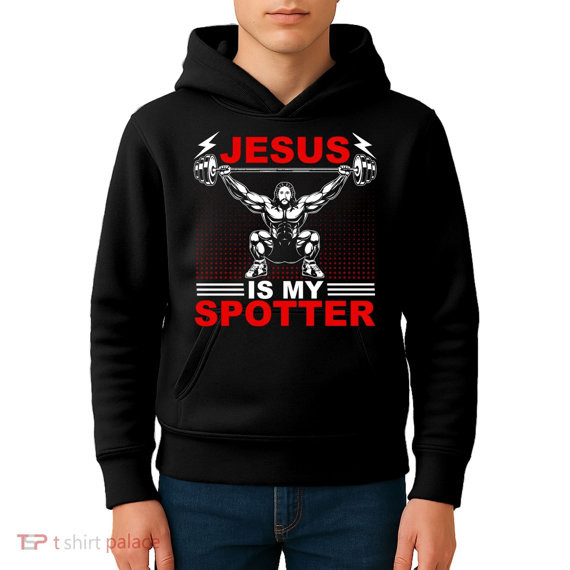 Jesus Is My Spotter Funny Christian Weightlifting Gym Kids Hoodie