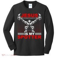 Jesus Is My Spotter Funny Christian Weightlifting Gym Kids Long Sleeve Shirt thumb 0