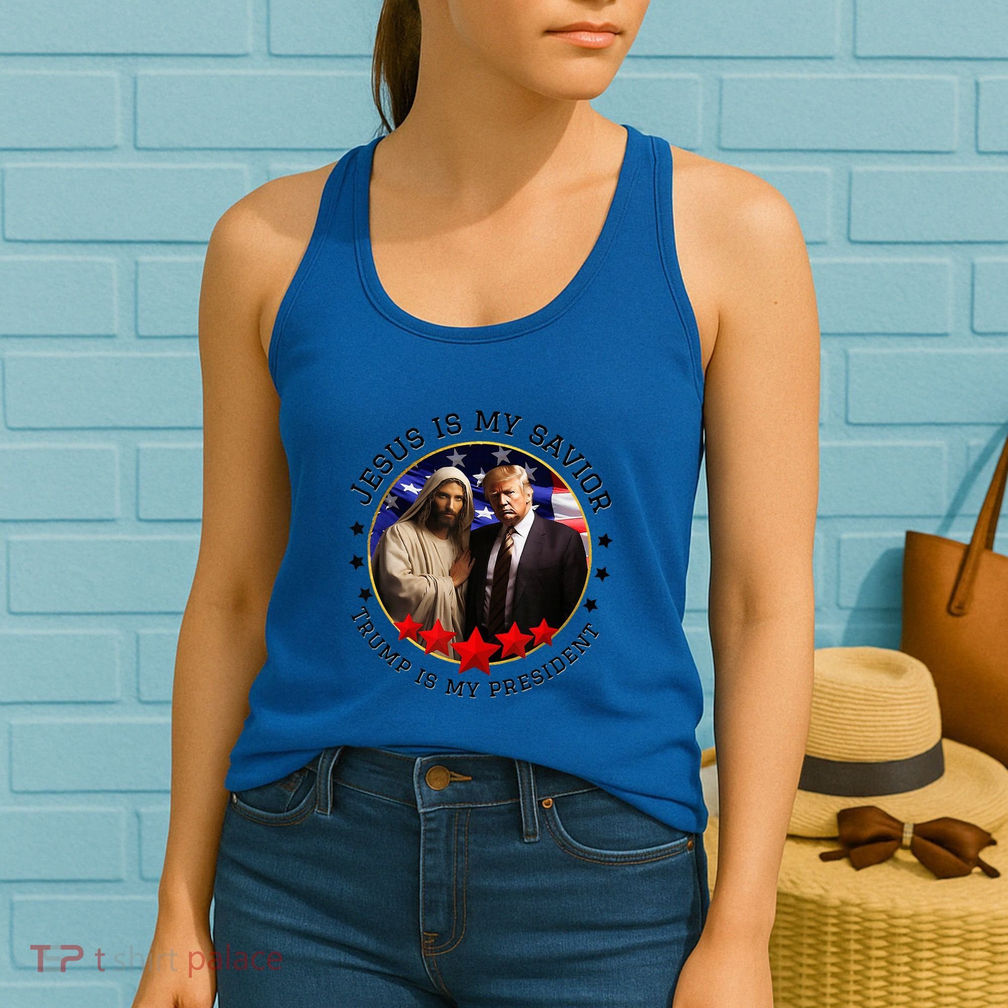 Jesus Is My Savior Trump Is My President American Flag Women's Tank Top