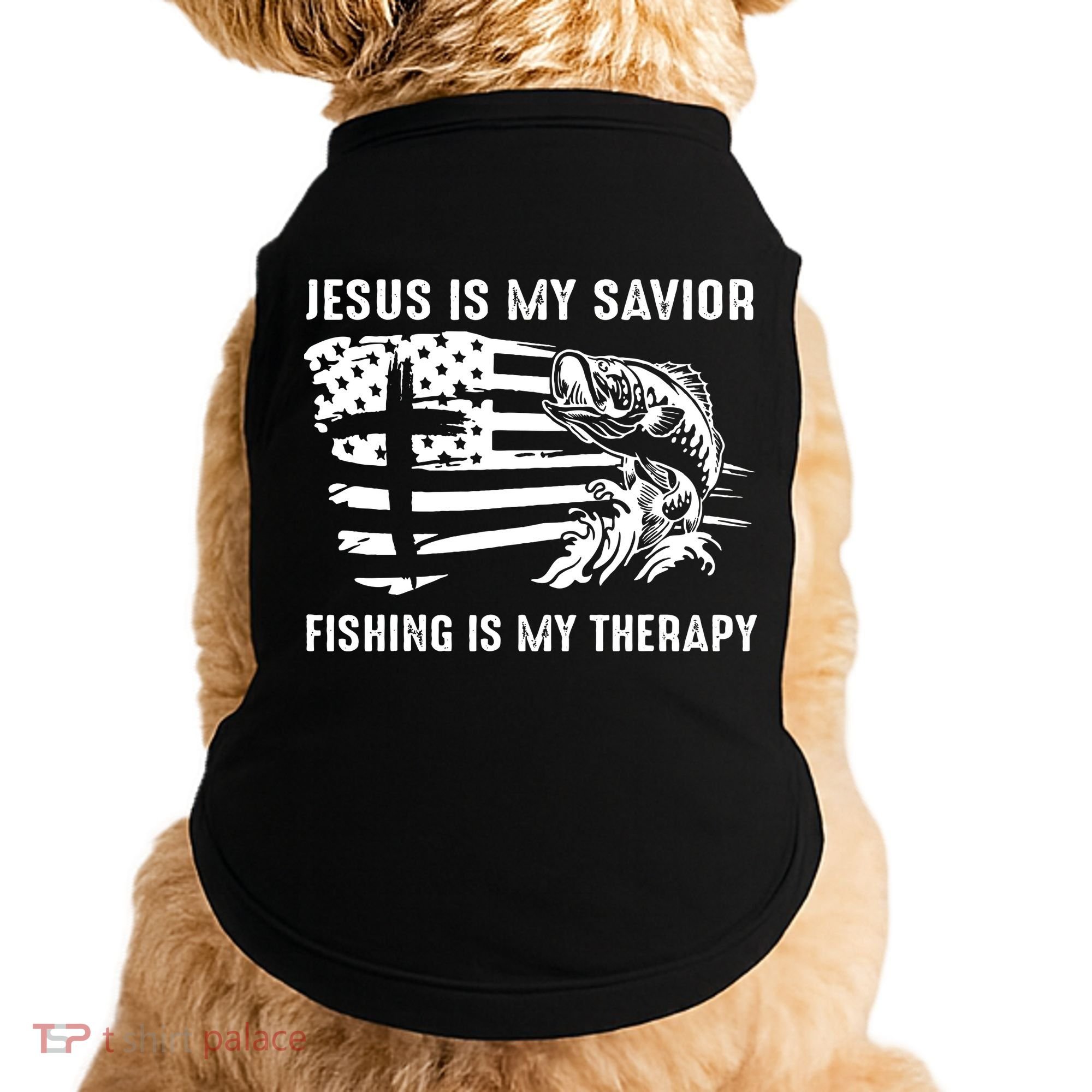 Jesus Is My Savior Fishing Is My Therapy American Flag Doggie Tank