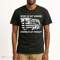 Jesus Is My Savior Fishing Is My Therapy American Flag Tall T-Shirt thumb 2