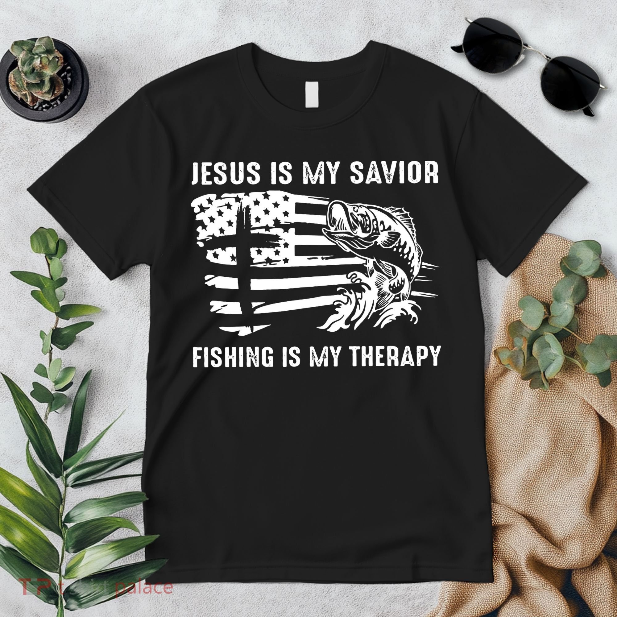 Jesus Is My Savior Fishing Is My Therapy American Flag Premium T-Shirt