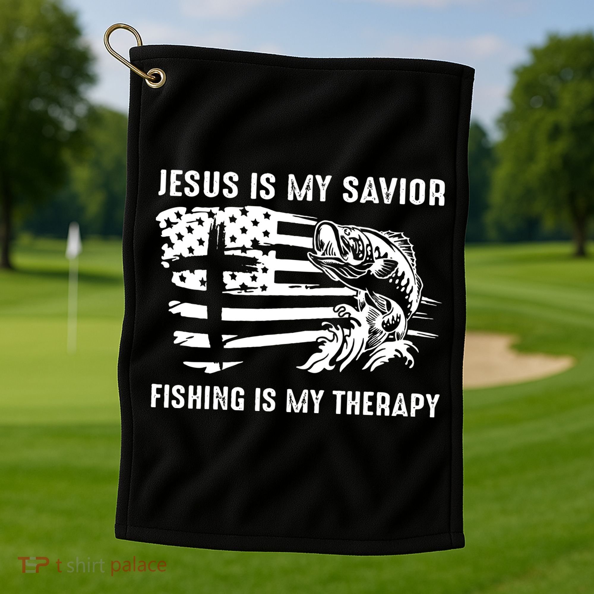 Jesus Is My Savior Fishing Is My Therapy American Flag Golf Towel