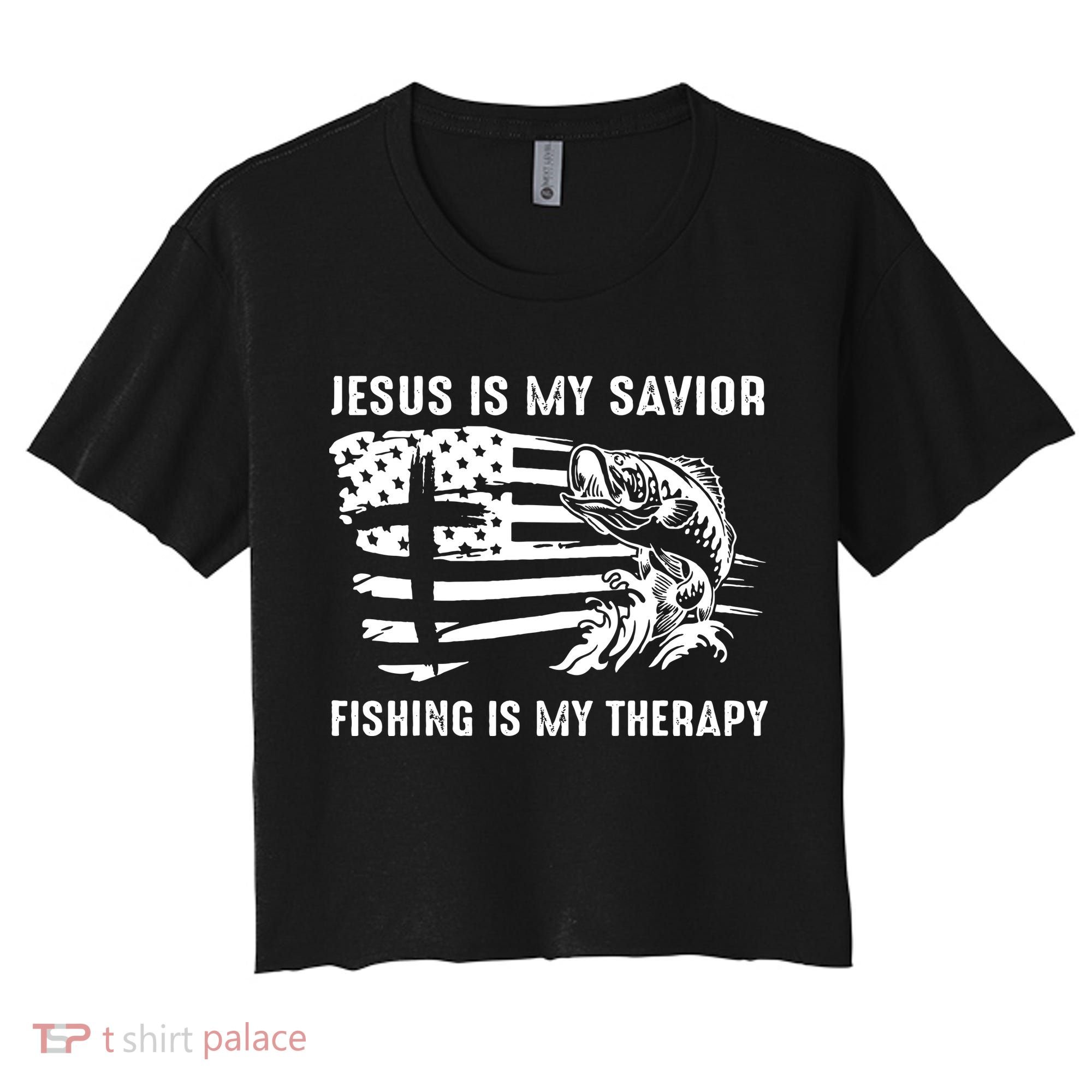 Jesus Is My Savior Fishing Is My Therapy American Flag Women's Crop Top Tee