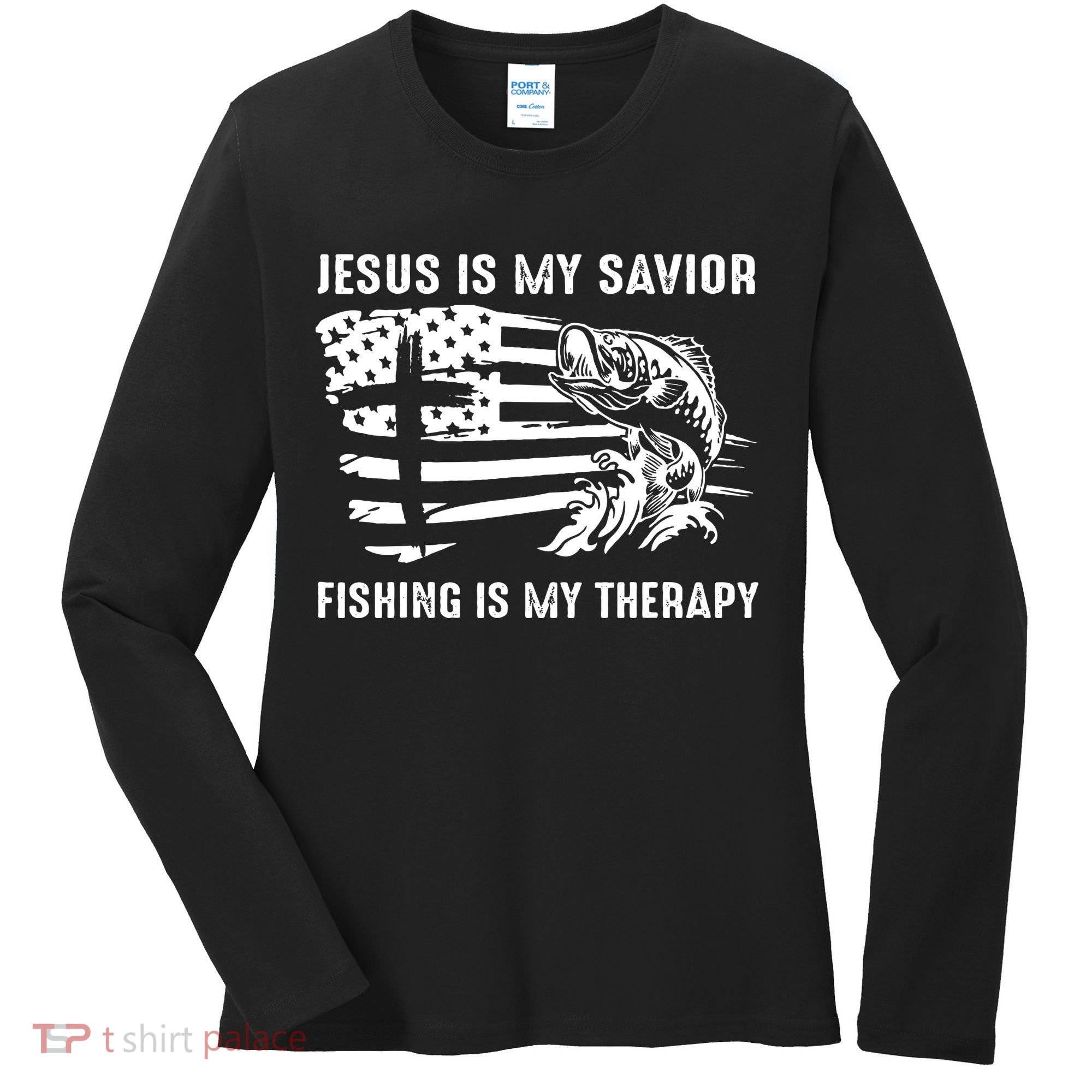 Jesus Is My Savior Fishing Is My Therapy American Flag Women's Long Sleeve Shirt