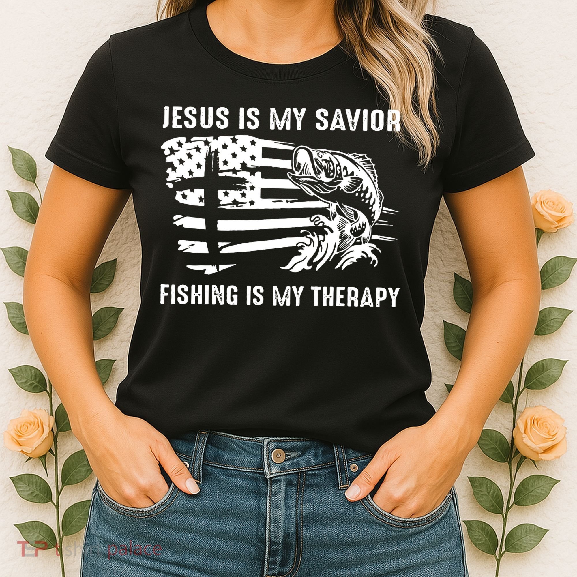 Jesus Is My Savior Fishing Is My Therapy American Flag Women's T-Shirt