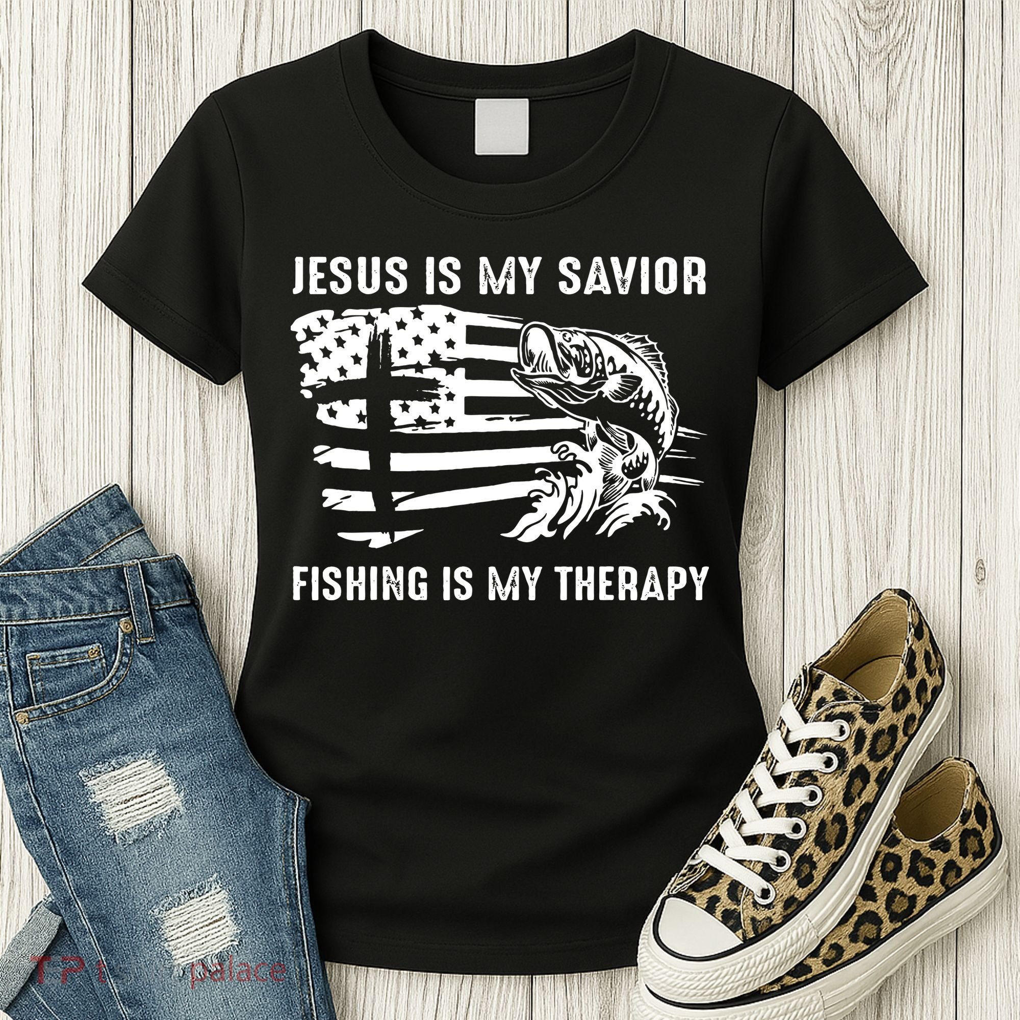 Jesus Is My Savior Fishing Is My Therapy American Flag Women's T-Shirt