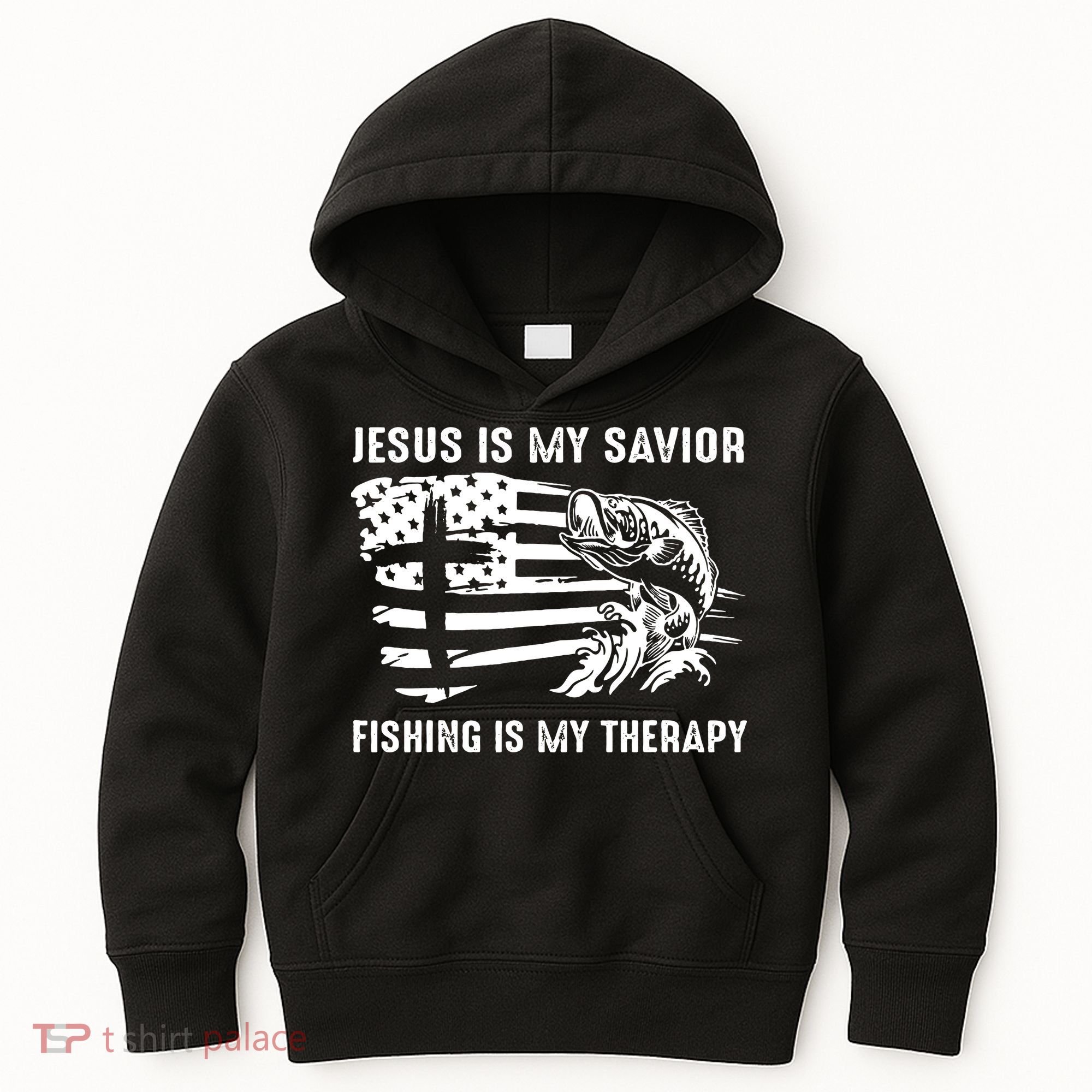 Jesus Is My Savior Fishing Is My Therapy American Flag Kids Hoodie