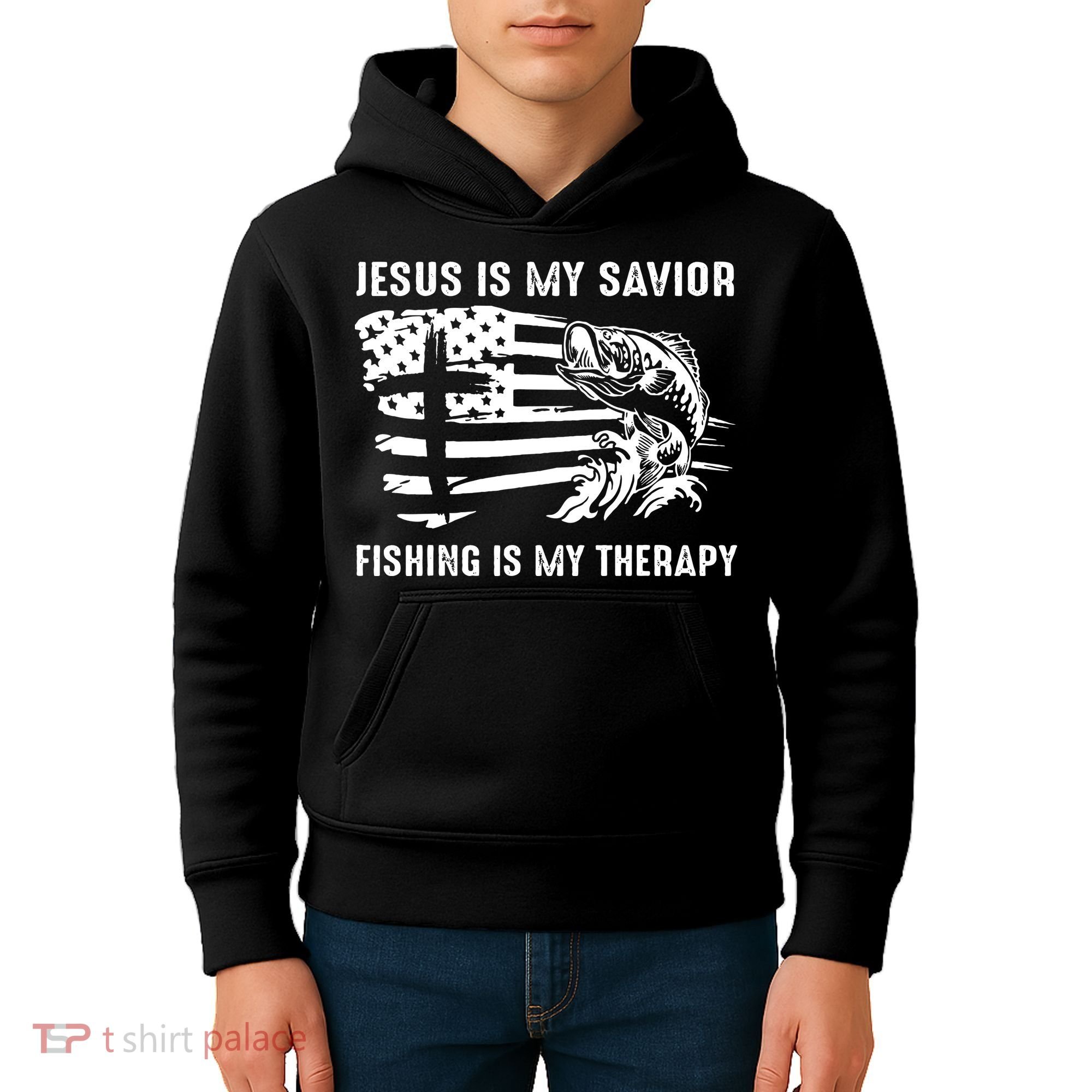 Jesus Is My Savior Fishing Is My Therapy American Flag Kids Hoodie