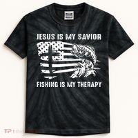 Jesus Is My Savior Fishing Is My Therapy American Flag Kids Tie-Dye T-Shirt thumb 0