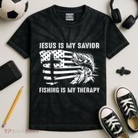 Jesus Is My Savior Fishing Is My Therapy American Flag Kids Tie-Dye T-Shirt thumb 2