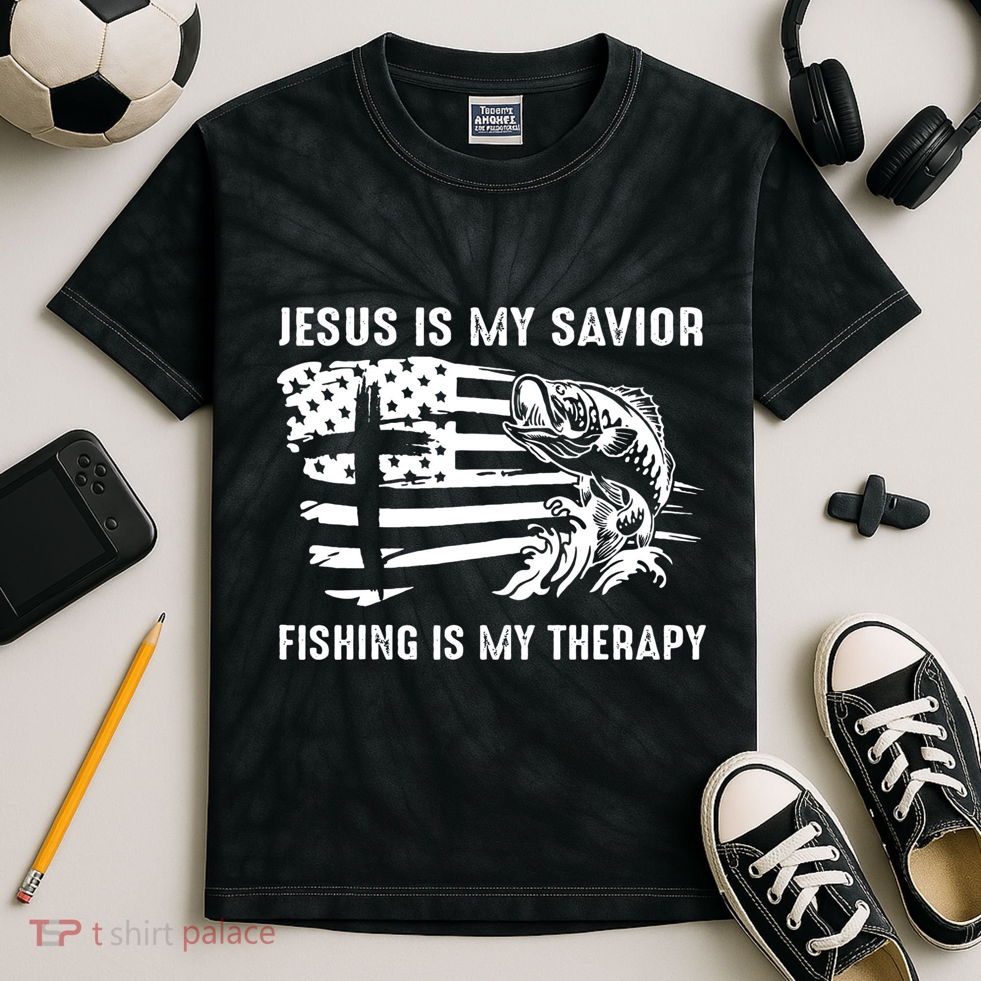 Jesus Is My Savior Fishing Is My Therapy American Flag Kids Tie-Dye T-Shirt