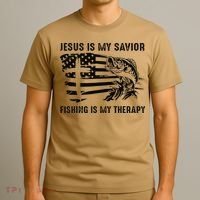 Jesus Is My Savior Fishing Is My Therapy American Flag T-Shirt thumb 3