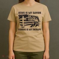 Jesus Is My Savior Fishing Is My Therapy American Flag T-Shirt thumb 4