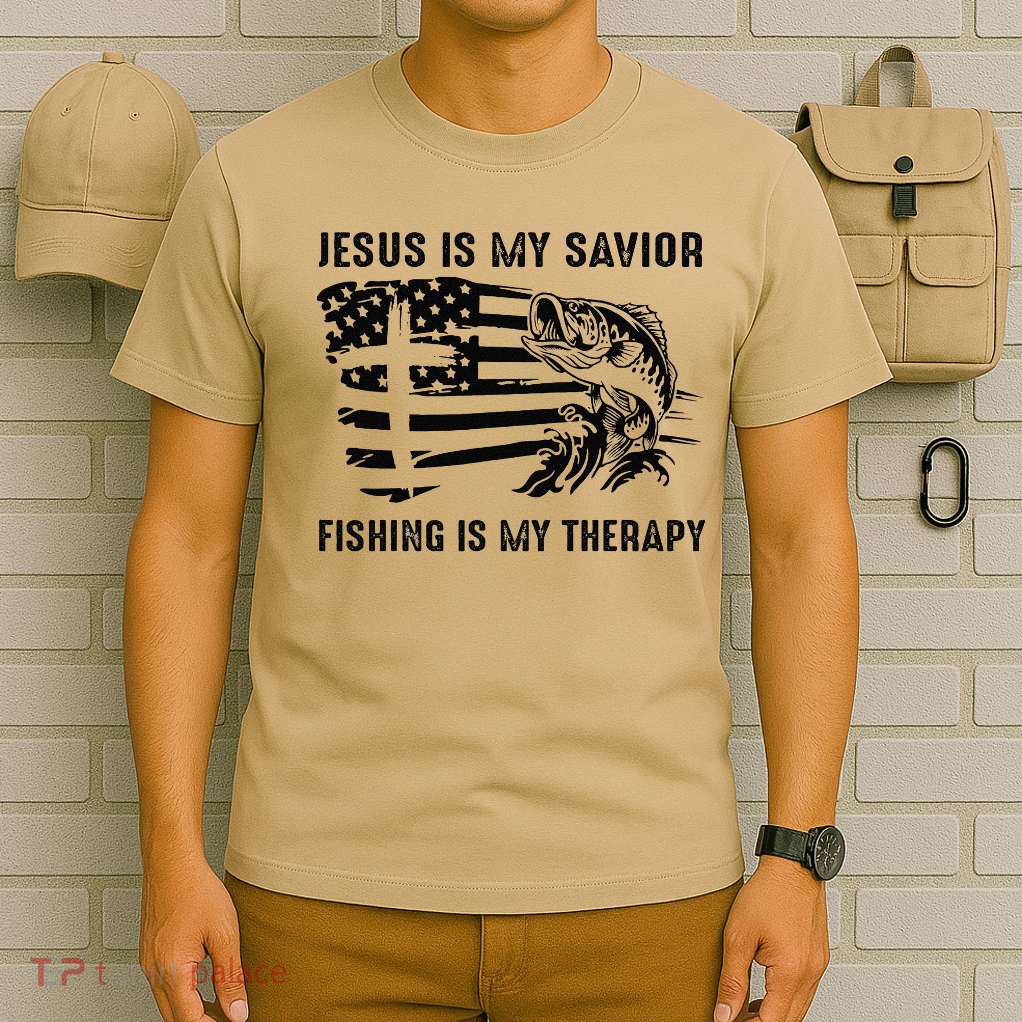 Jesus Is My Savior Fishing Is My Therapy American Flag T-Shirt