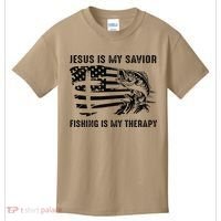 Jesus Is My Savior Fishing Is My Therapy American Flag Kids T-Shirt thumb 0