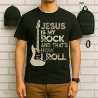Jesus Is My Rock And That Is How I Roll Christian Guitarist T-Shirt thumb 6