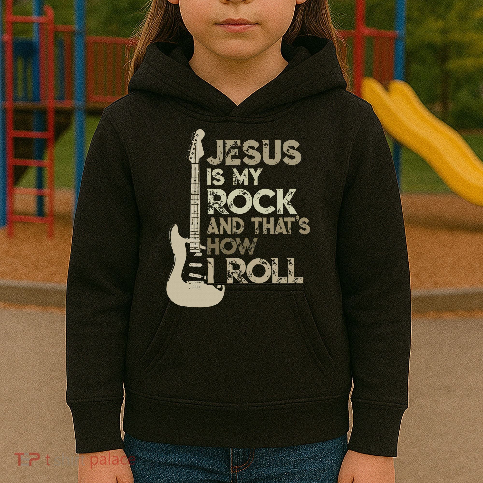 Jesus Is My Rock And That Is How I Roll Christian Guitarist Kids Hoodie