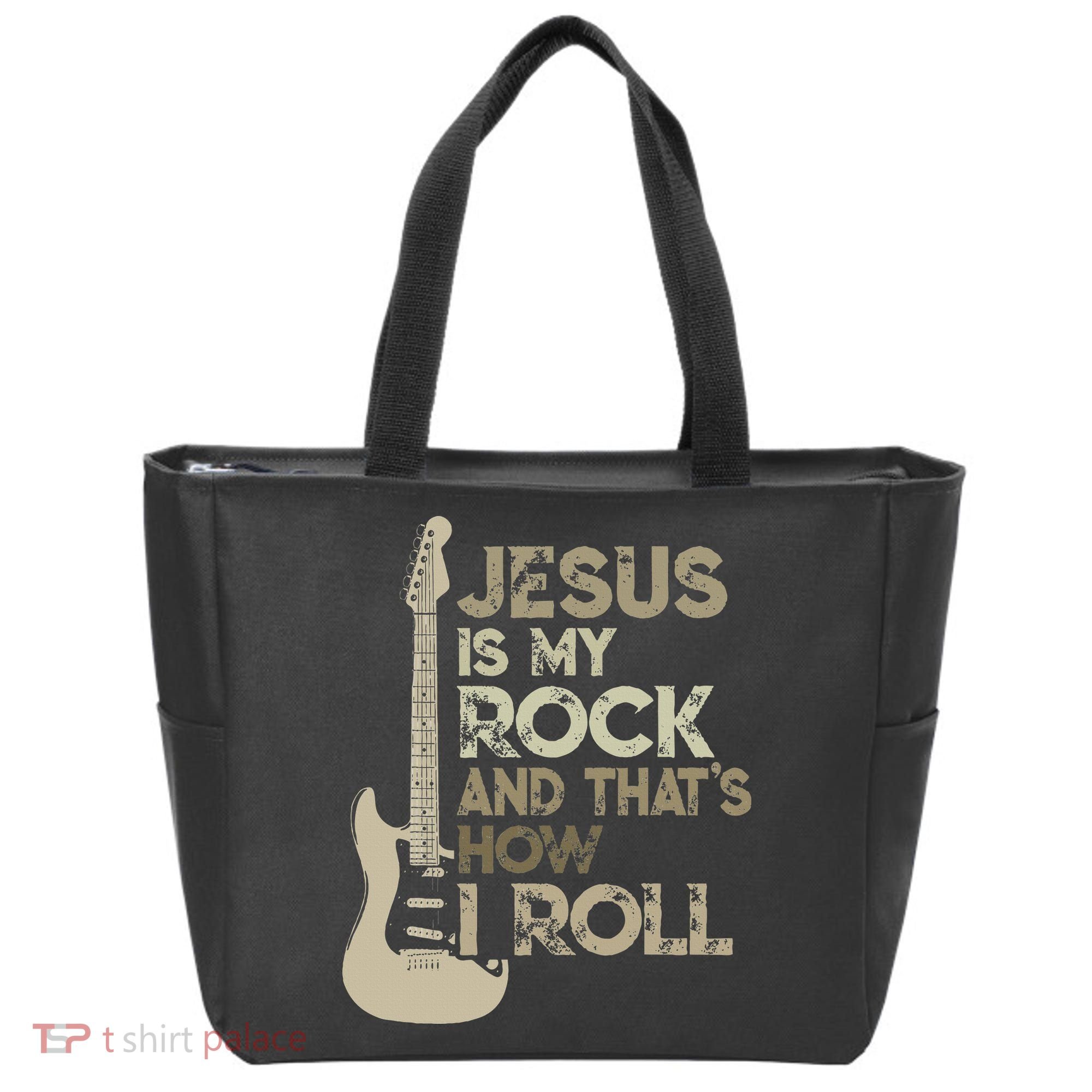 Jesus Is My Rock And That Is How I Roll Christian Guitarist Tote Bag