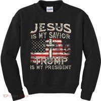 Jesus Is My Savior Trump Is My President American Flag Kids Sweatshirt thumb 0