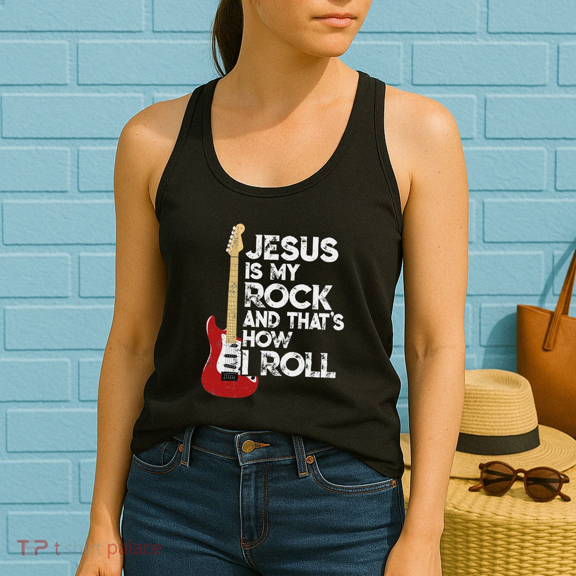 Jesus Is My Rock And That Is How I Roll Guitar Christian Women's Tank Top