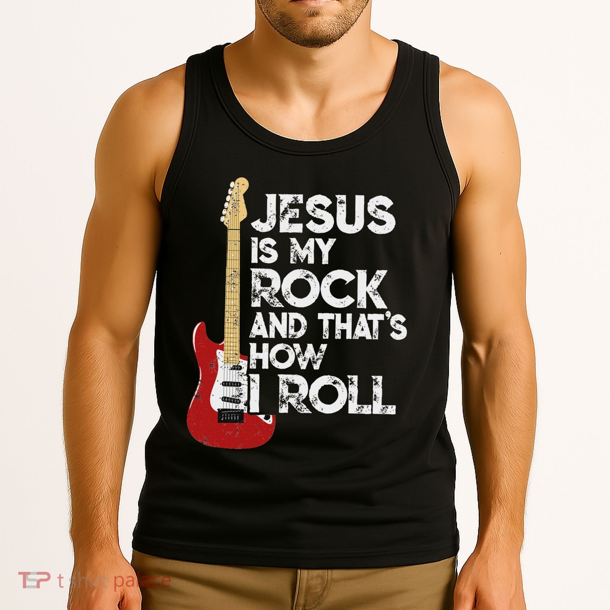 Jesus Is My Rock And That Is How I Roll Guitar Christian Tank Top
