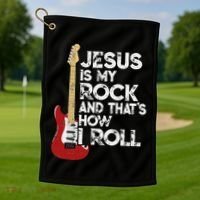 Jesus Is My Rock And That Is How I Roll Guitar Christian Golf Towel thumb 1
