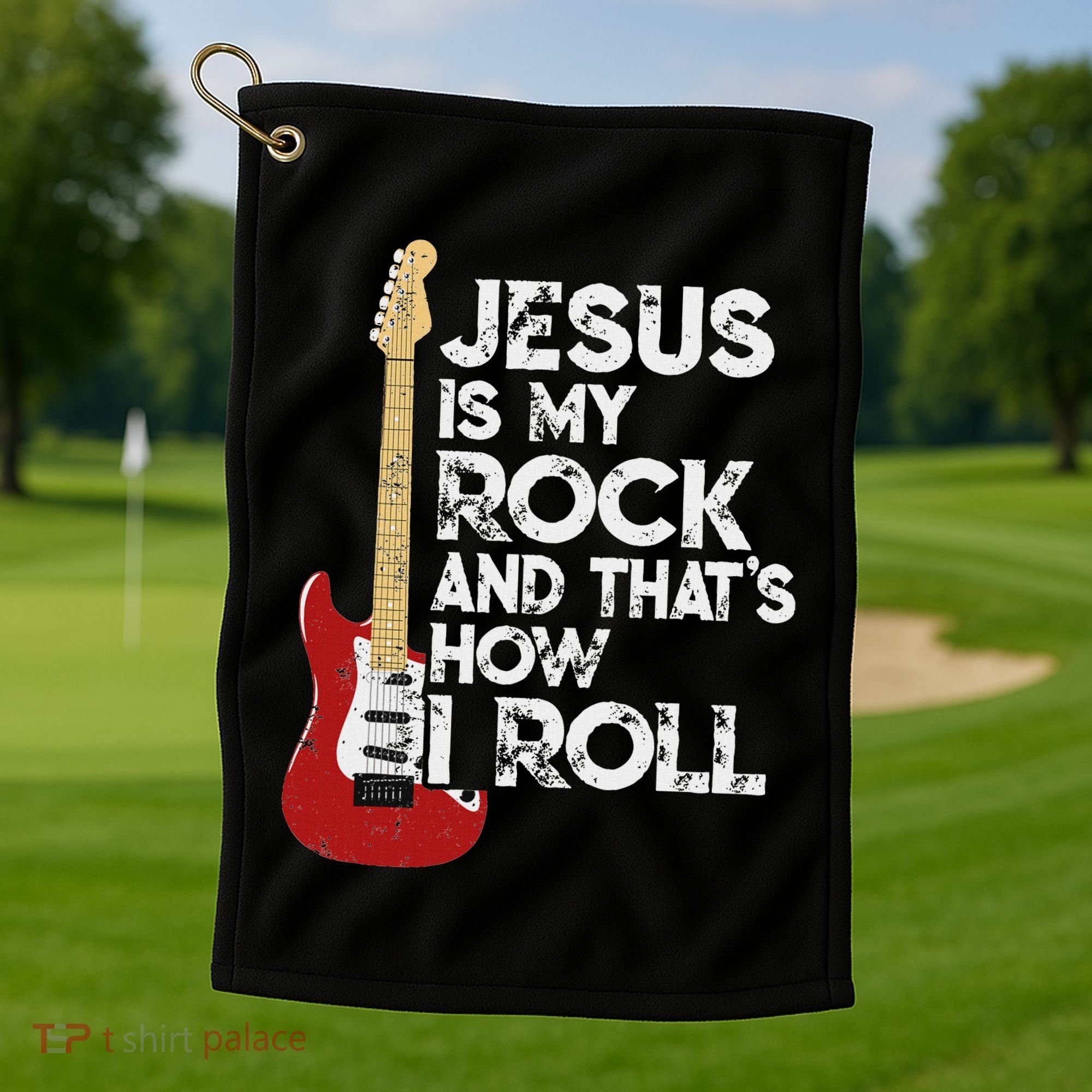 Jesus Is My Rock And That Is How I Roll Guitar Christian Golf Towel