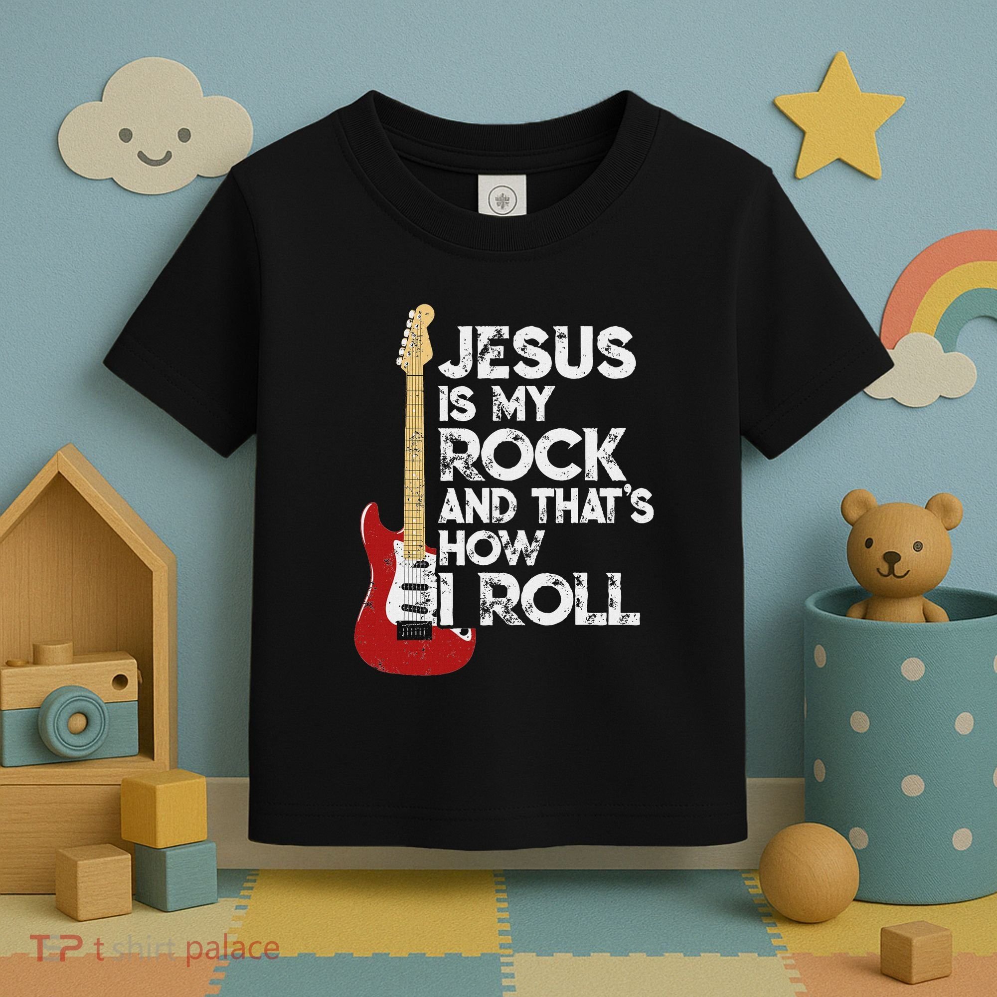 Jesus Is My Rock And That Is How I Roll Guitar Christian Toddler T-Shirt