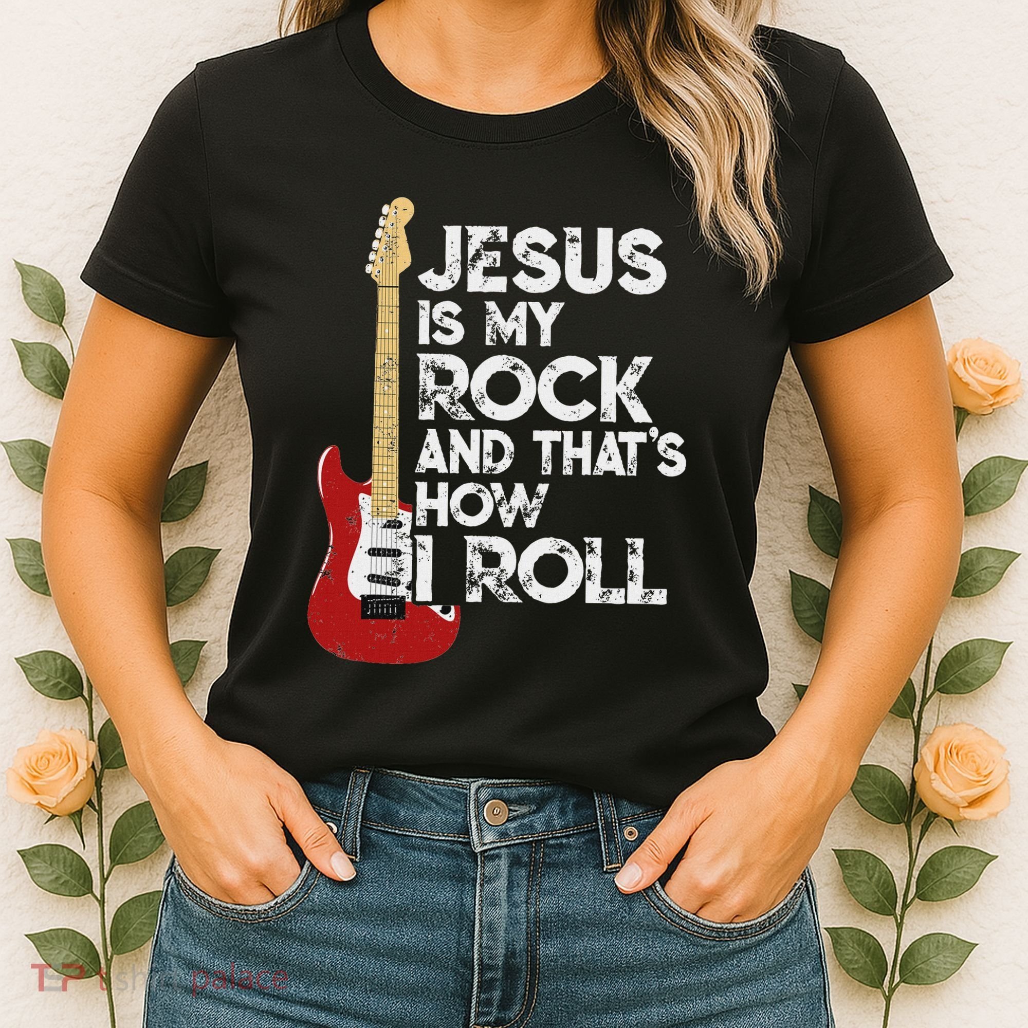 Jesus Is My Rock And That Is How I Roll Guitar Christian Women's T-Shirt