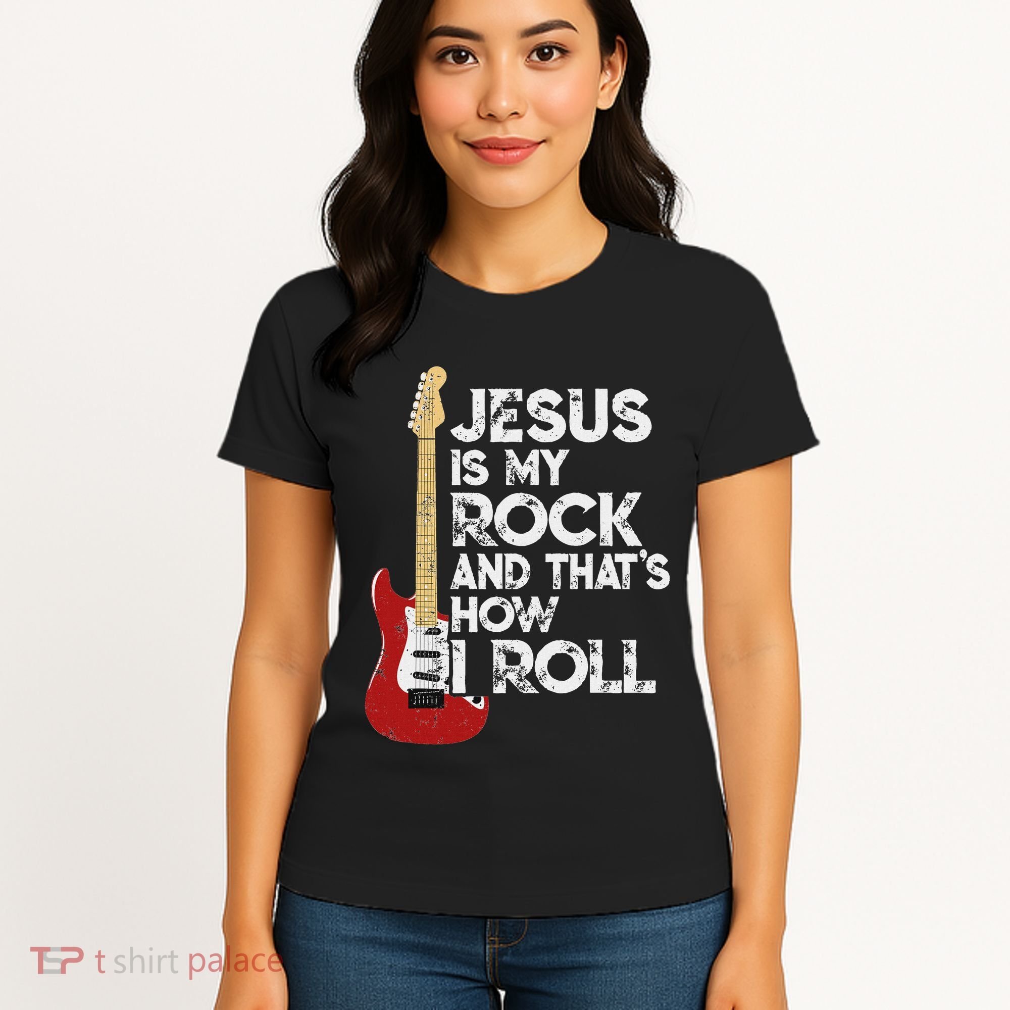 Jesus Is My Rock And That Is How I Roll Guitar Christian Women's T-Shirt